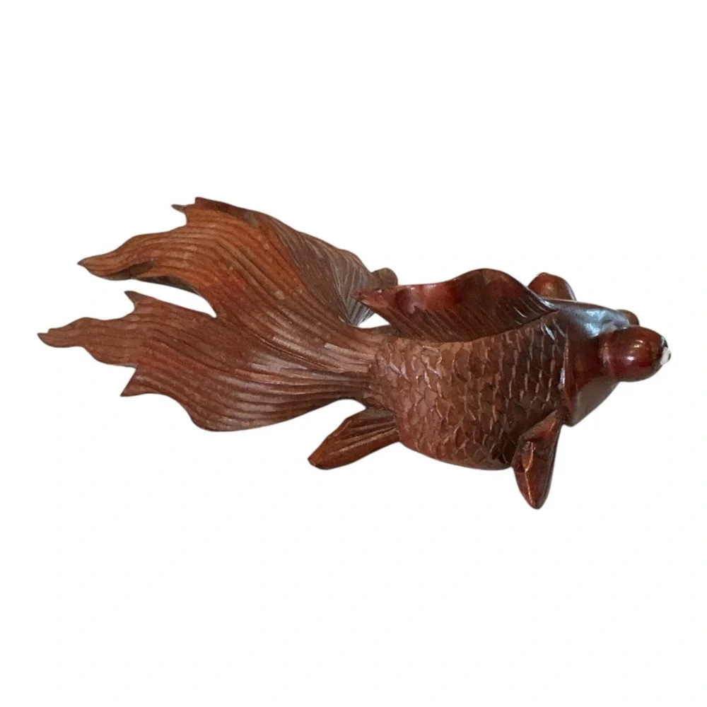 Vintage Japanese Hand-carved Rosewood Koi Fish Figurine Glass Eyes